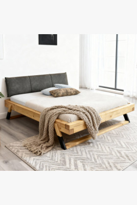 Massivholzbett 180x200 Fichtenholz mit grünem Stoffkopfteil